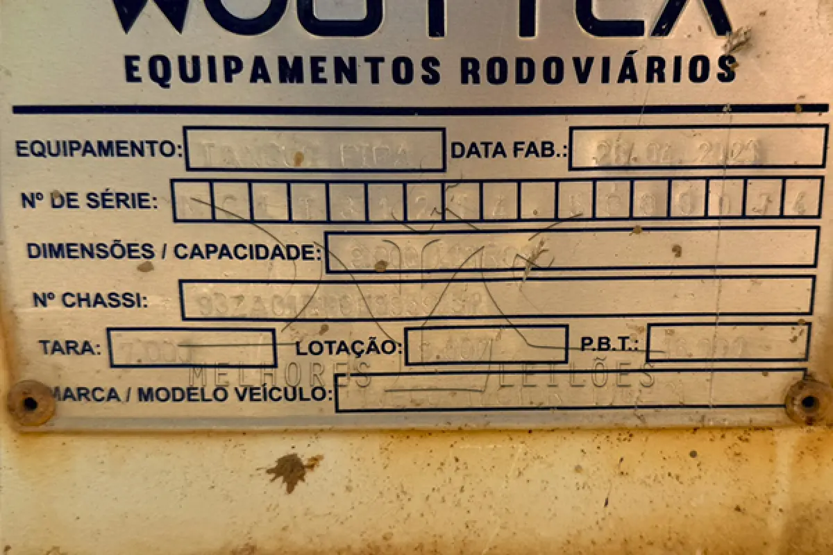 LOTE 002 - TANQUE PIPA 9.000 LITROS TARA 7.000 LOTAÇÃO 9.000 PBT13.000 - DATA DE FABRICAÇÃO 26-04-2023